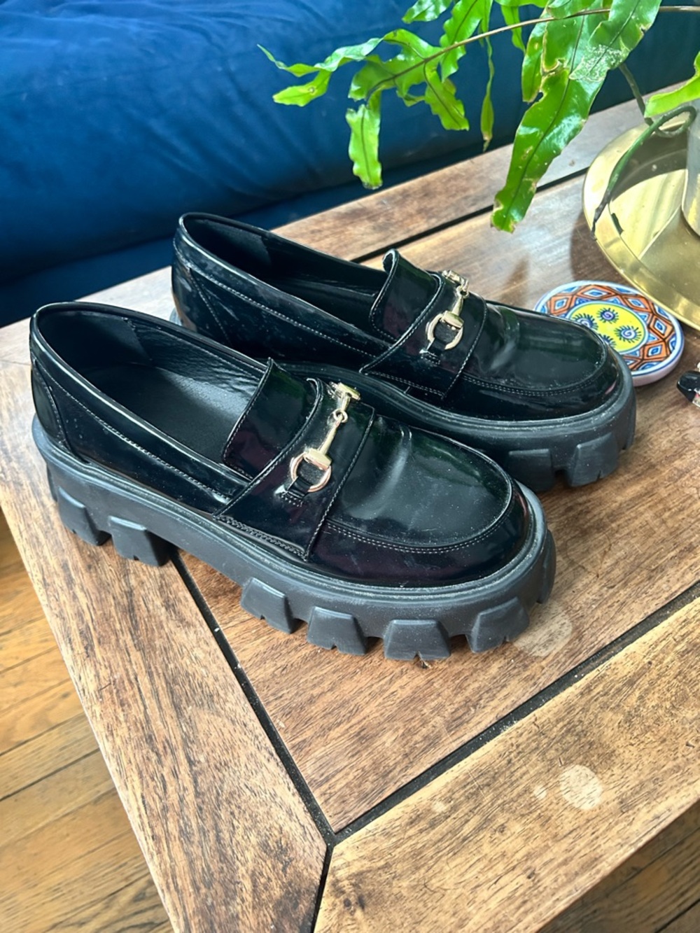 PrettyLittleThing Black Patent Lug Sole Loafers with Gold Metal - Picture 4 of 4